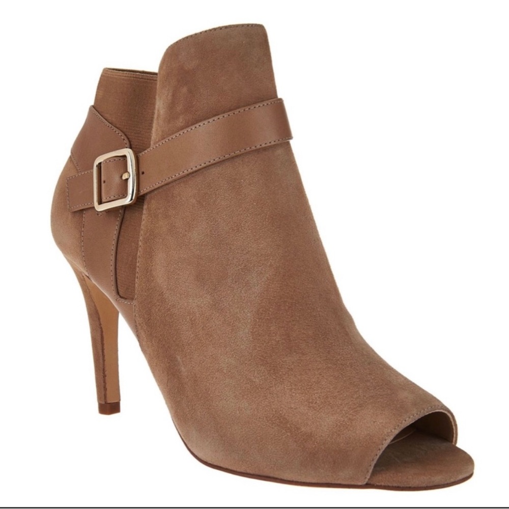 Marc Fisher Shimmee Tan Suede Buckle Peep Toe Booties
